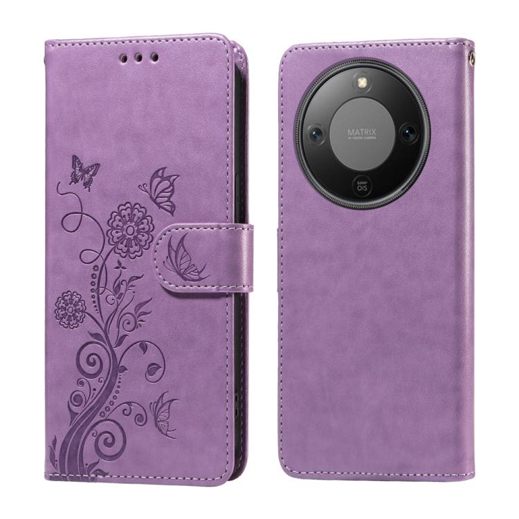

For Honor X70 5G Embossed Butterfly Flowers Leather Phone Case(Purple)