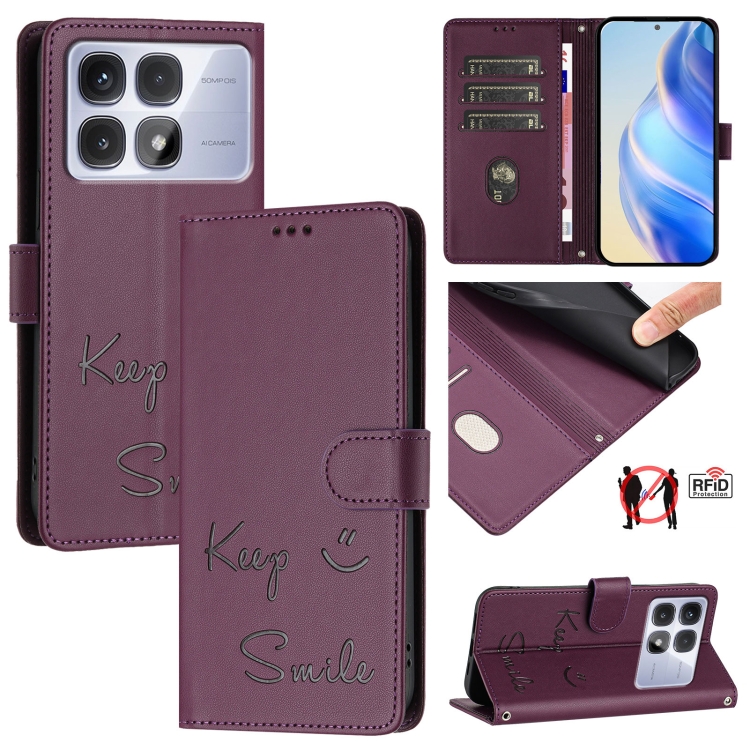

For Redmi K70 Ultra 5G Global Smile Embossing RFID Leather Phone Case(Violet)