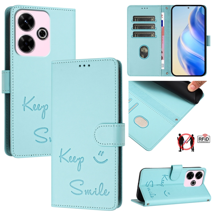 

For Redmi 13 4G / Note 13R Smile Embossing RFID Leather Phone Case(Mint Green)