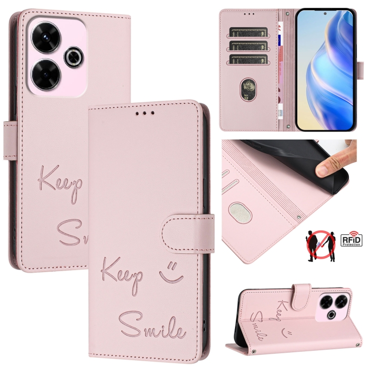 

For Redmi 13 4G / Note 13R Smile Embossing RFID Leather Phone Case(Pink)
