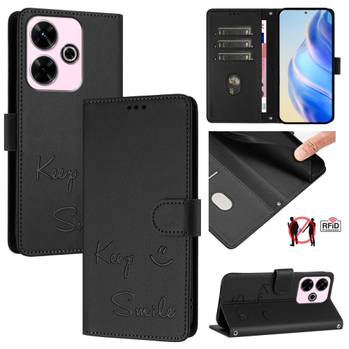 

For Redmi 13 4G / Note 13R Smile Embossing RFID Leather Phone Case(Black)