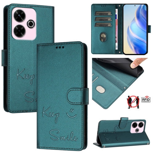 

For Redmi 13 4G / Note 13R Smile Embossing RFID Leather Phone Case(Peacock Green)