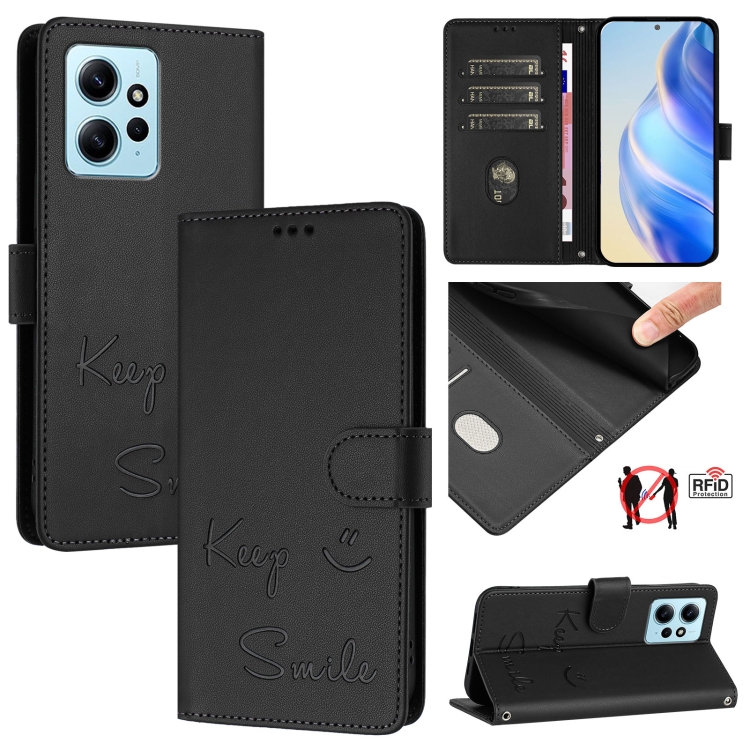 

For Redmi Note 12 4G Global Smile Embossing RFID Leather Phone Case(Black)