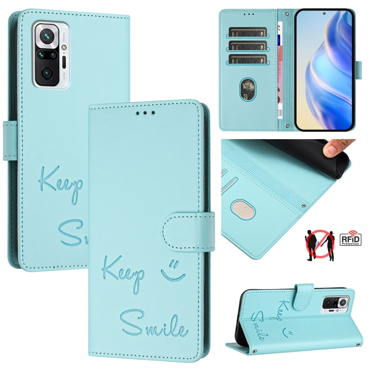 

For Redmi Note 10 Pro India Smile Embossing RFID Leather Phone Case(Mint Green)