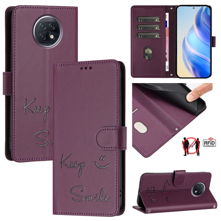 

For Redmi Note 9T Global Smile Embossing RFID Leather Phone Case(Violet)