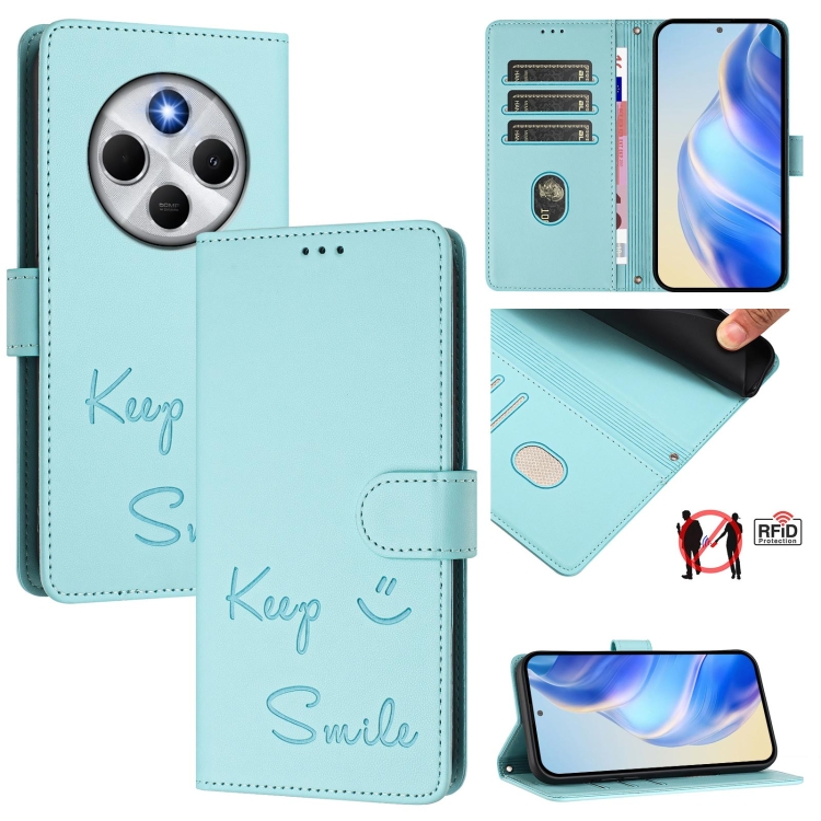 

For Redmi 14C 4G Smile Embossing RFID Leather Phone Case(Mint Green)