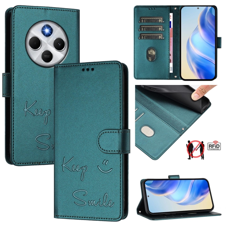 

For Redmi 14C 4G Smile Embossing RFID Leather Phone Case(Peacock Green)