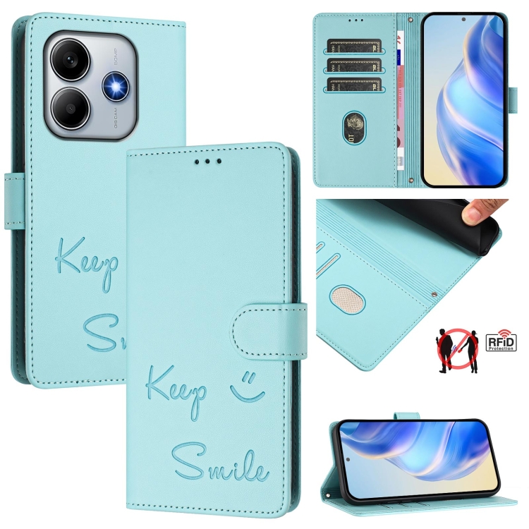 

For Redmi Note 14 5G Smile Embossing RFID Leather Phone Case(Mint Green)
