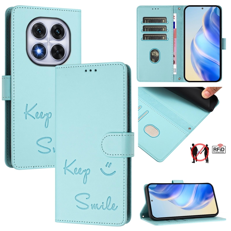 

For Redmi Note 14 Pro 5G / 14 Pro+ 5G Smile Embossing RFID Leather Phone Case(Mint Green)