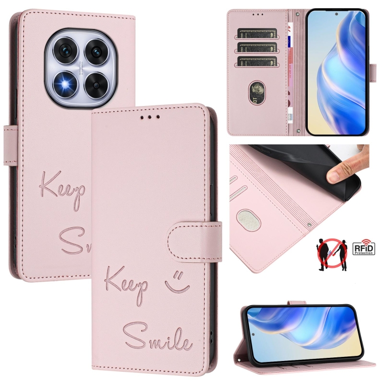 

For Redmi Note 14 Pro 5G / 14 Pro+ 5G Smile Embossing RFID Leather Phone Case(Pink)