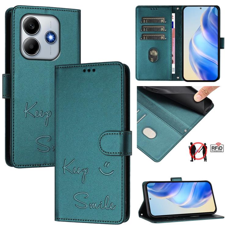 

For Redmi Note 14 4G 163.25mm Smile Embossing RFID Leather Phone Case(Peacock Green)