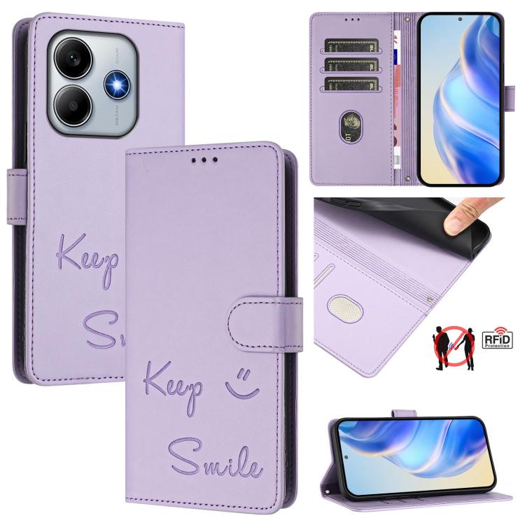 

For Redmi Note 14 4G 163.25mm Smile Embossing RFID Leather Phone Case(Light Purple)