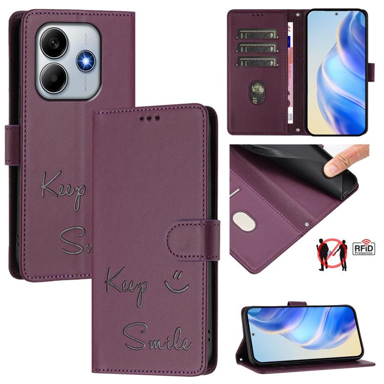 

For Redmi Note 14 4G 163.25mm Smile Embossing RFID Leather Phone Case(Violet)