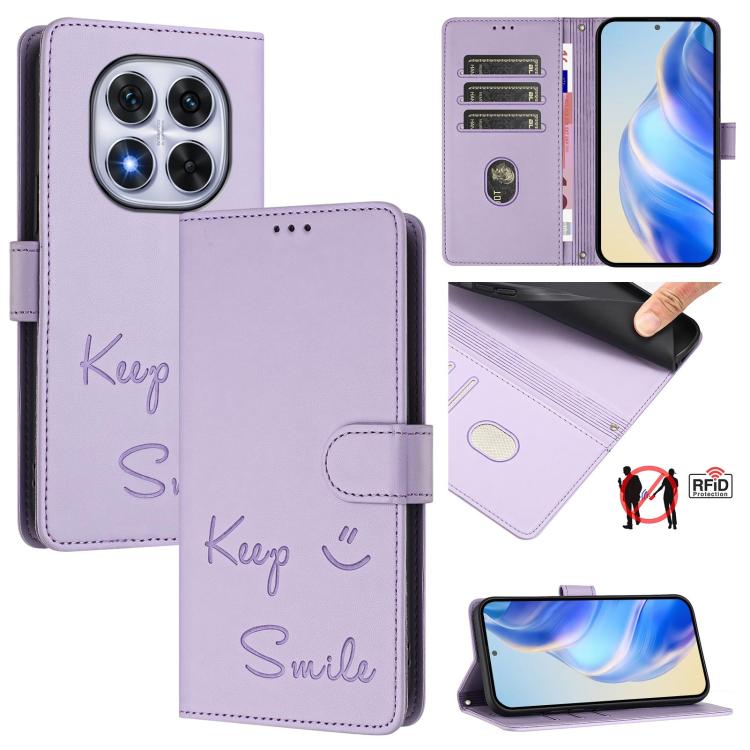 

For Redmi Note 14 Pro 4G Smile Embossing RFID Leather Phone Case(Light Purple)