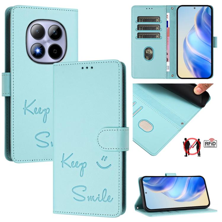 

For Redmi Note 15 Pro 5G Global 163.6mm Smile Embossing RFID Leather Phone Case(Mint Green)
