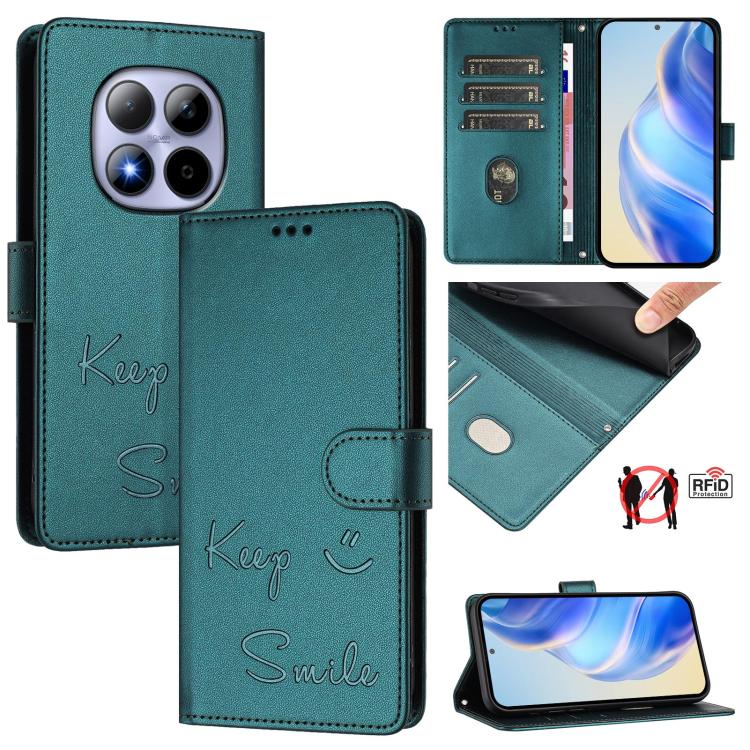 

For Redmi Note 15 Pro 5G Global 163.6mm Smile Embossing RFID Leather Phone Case(Peacock Green)