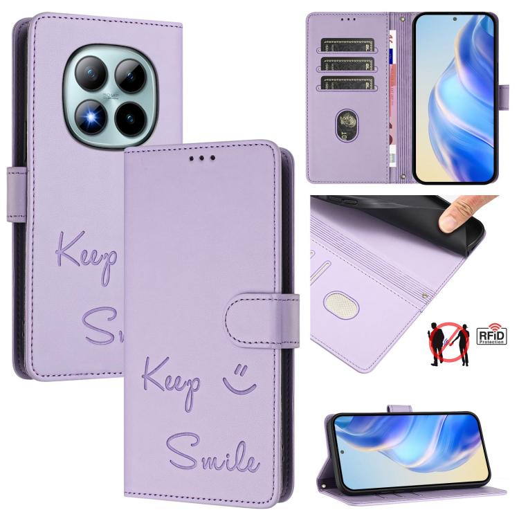For Redmi Note 15 Pro+ 5G Global 163.3mm Smile Embossing RFID Leather Phone Case(Light Purple)