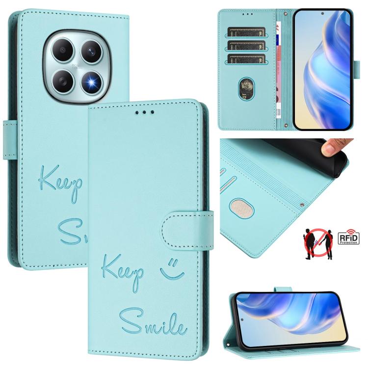 

For Redmi Note 15 5G Global 164mm Smile Embossing RFID Leather Phone Case(Mint Green)