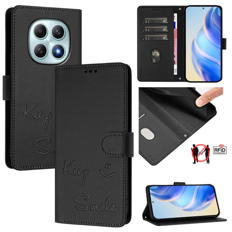 For Redmi Note 15 4G / 5G Global 164mm Smile Embossing RFID Leather Phone Case(Black)