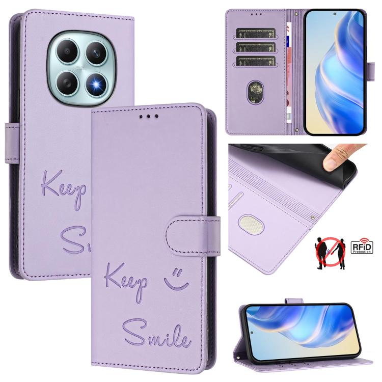 

For Redmi Note 15 5G Global 164mm Smile Embossing RFID Leather Phone Case(Light Purple)