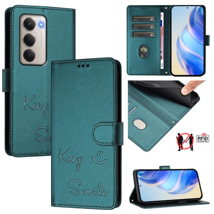 

For Redmi 15 5G / 4G EU 171mm Smile Embossing RFID Leather Phone Case(Peacock Green)