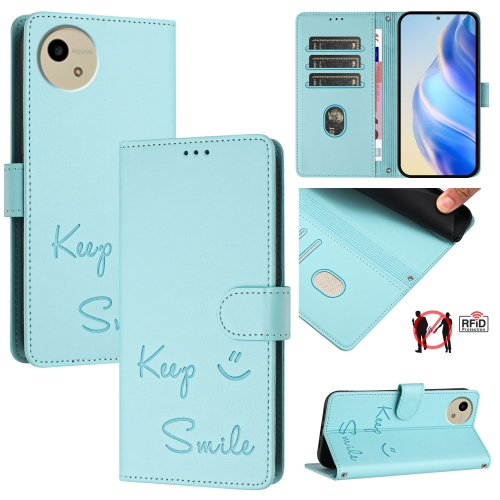 

For Sharp Aquos wish4 Smile Embossing RFID Leather Phone Case(Mint Green)