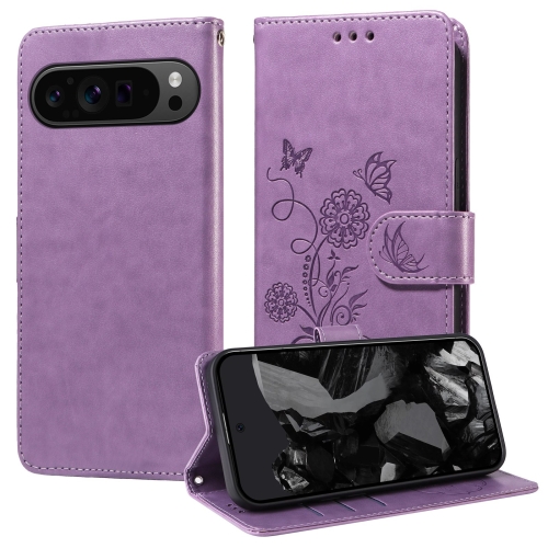 

For Google Pixel 9 Pro XL Embossed Butterfly Flowers Leather Phone Case(Purple)