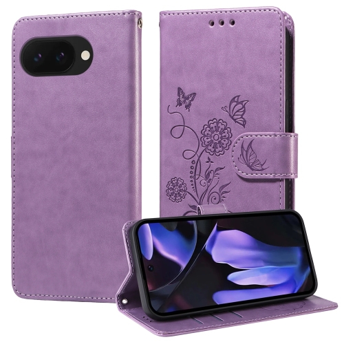 

For Google Pixel 9a Embossed Butterfly Flowers Leather Phone Case(Purple)