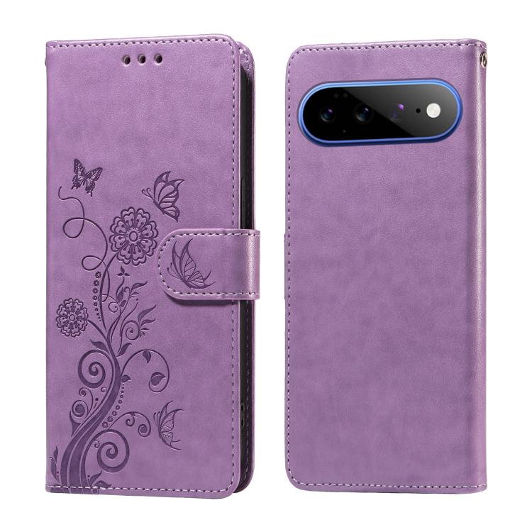 

For Google Pixel 11 Pro XL Embossed Butterfly Flowers Leather Phone Case(Purple)