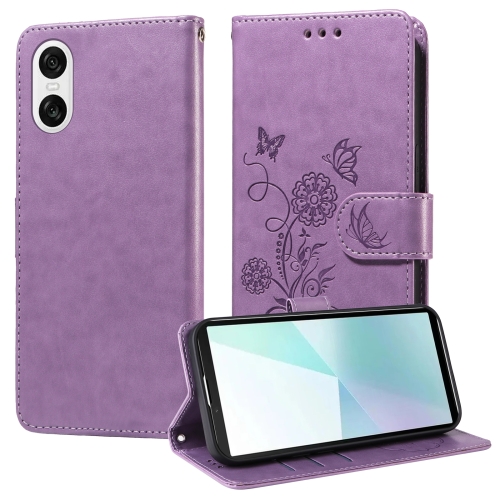 

For Sony Xperia 10 VI Embossed Butterfly Flowers Leather Phone Case(Purple)