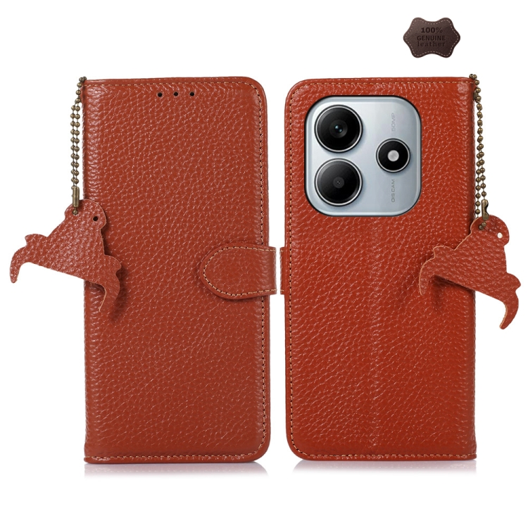 

For Redmi Note 14 4G Global 163.25mm Genuine Leather Litchi Texture RFID Leather Phone Case(Coffee)