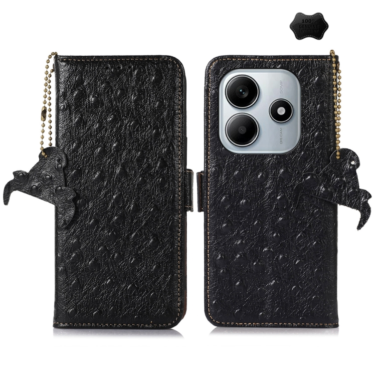 

For Redmi Note 14 4G 163.25mm Ostrich Pattern Genuine Leather RFID Phone Case(Black)