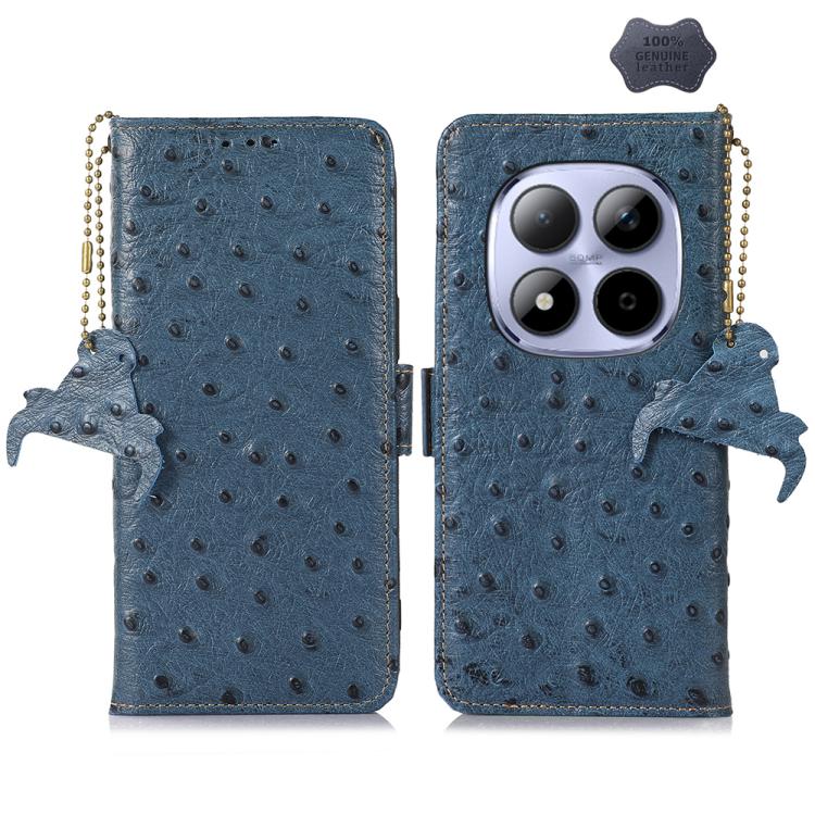

For Redmi Note 15 Pro 5G Global 163.6mm Ostrich Pattern Genuine Leather RFID Phone Case(Blue)