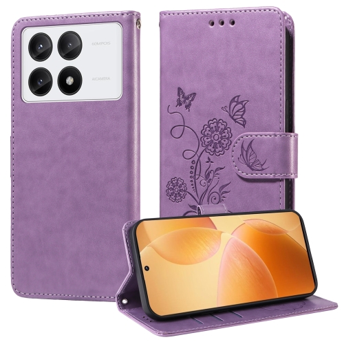 

For Xiaomi Poco X6 Pro / Redmi K70E Embossed Butterfly Flowers Leather Phone Case(Purple)