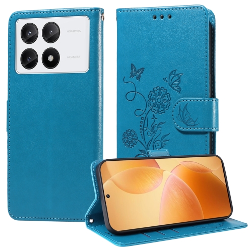 

For Xiaomi Poco X6 Pro / Redmi K70E Embossed Butterfly Flowers Leather Phone Case(Blue)