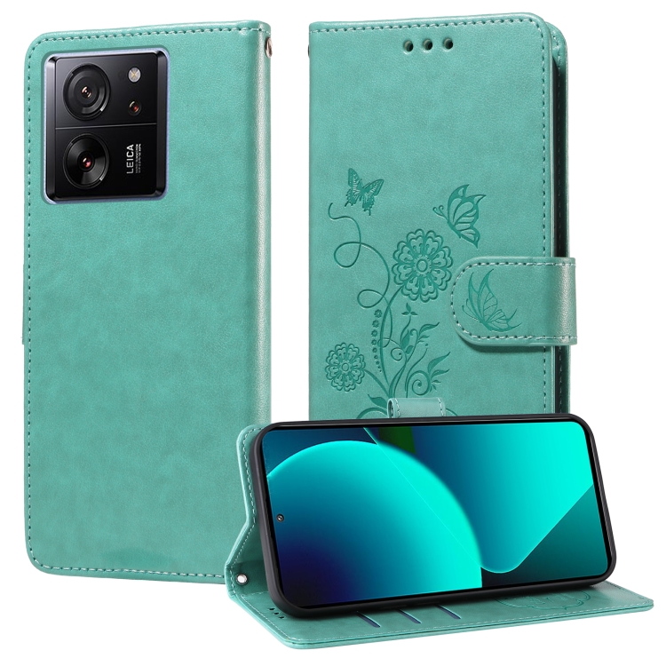 

For Xiaomi 13T / 13T Pro / Redmi K60 Ultra Embossed Butterfly Flowers Leather Phone Case(Green)