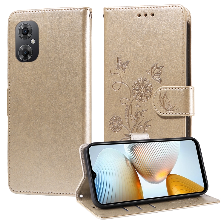 

For Xiaomi Poco M4 5G / M5 4G India Embossed Butterfly Flowers Leather Phone Case(Gold)