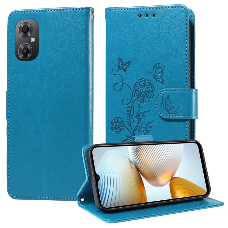 

For Xiaomi Poco M4 5G / M5 4G India Embossed Butterfly Flowers Leather Phone Case(Blue)