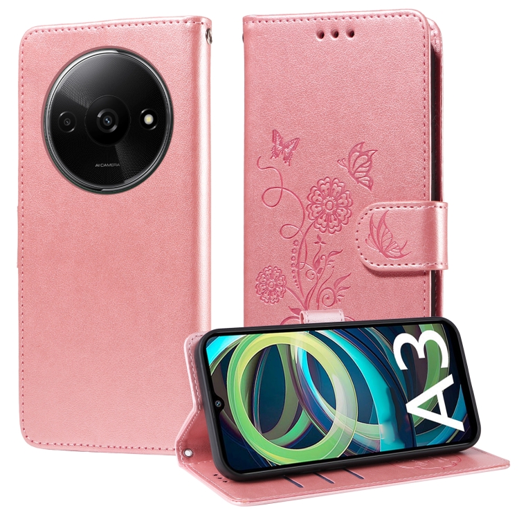 

For Xiaomi Poco C61 4G / Redmi A3 4G Embossed Butterfly Flowers Leather Phone Case(Rose Gold)