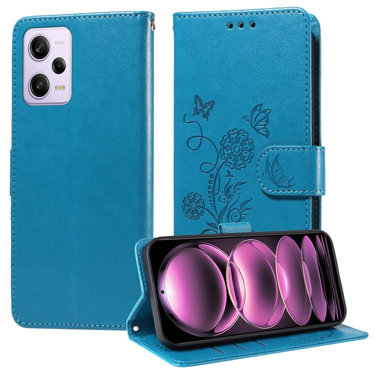 

For Xiaomi Poco X5 Pro 5G Embossed Butterfly Flowers Leather Phone Case(Blue)