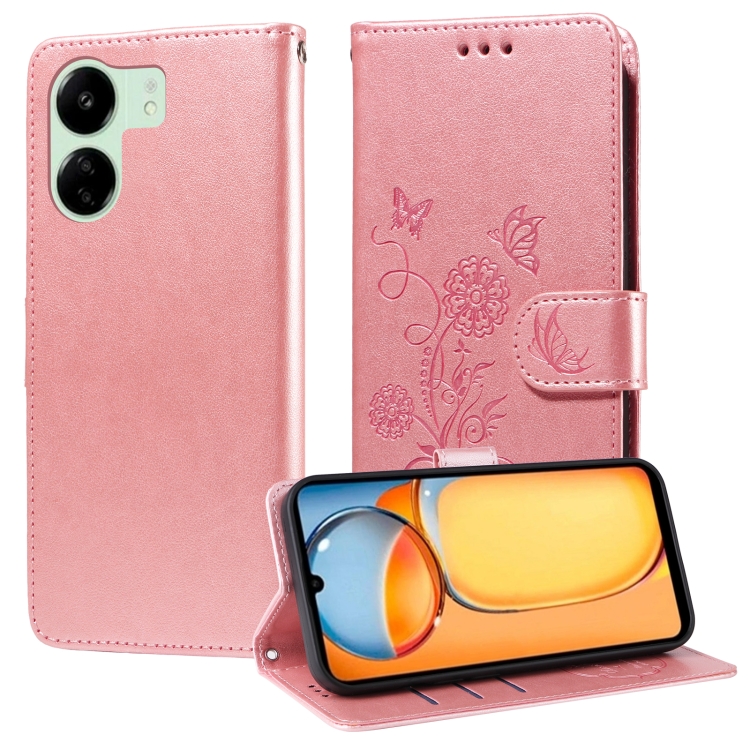 

For Xiaomi Poco C65 / M6 5G Embossed Butterfly Flowers Leather Phone Case(Rose Gold)