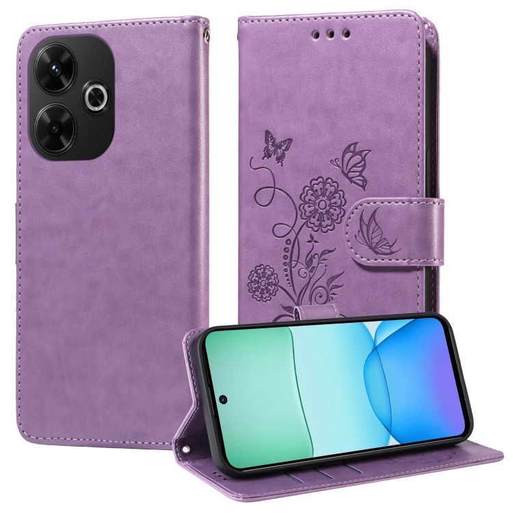 

For Xiaomi Poco M6 4G Embossed Butterfly Flowers Leather Phone Case(Purple)