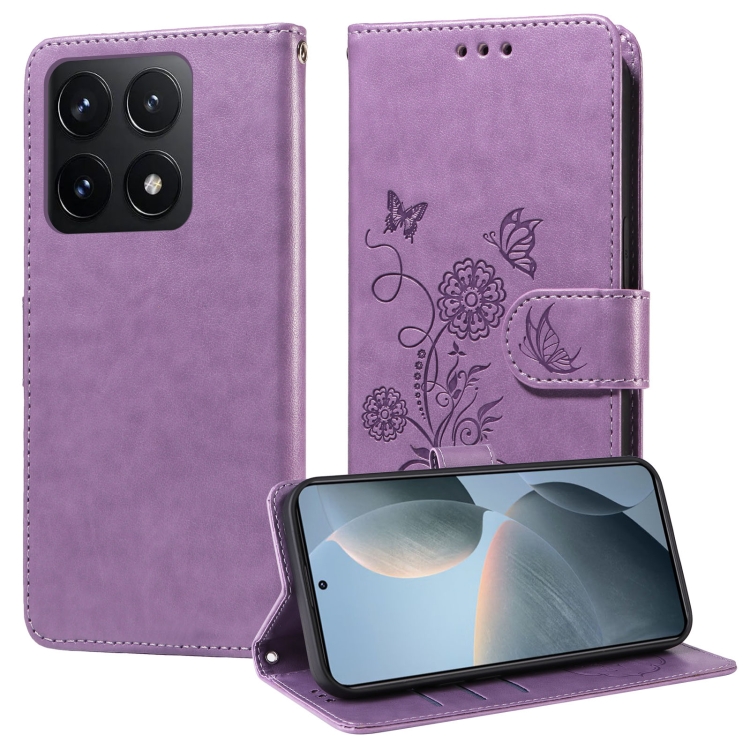 

For Xiaomi 14T Embossed Butterfly Flowers Leather Phone Case(Purple)