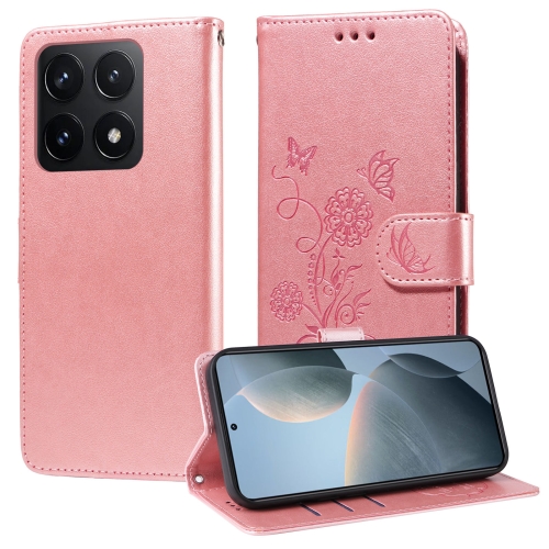 

For Xiaomi 14T Embossed Butterfly Flowers Leather Phone Case(Rose Gold)