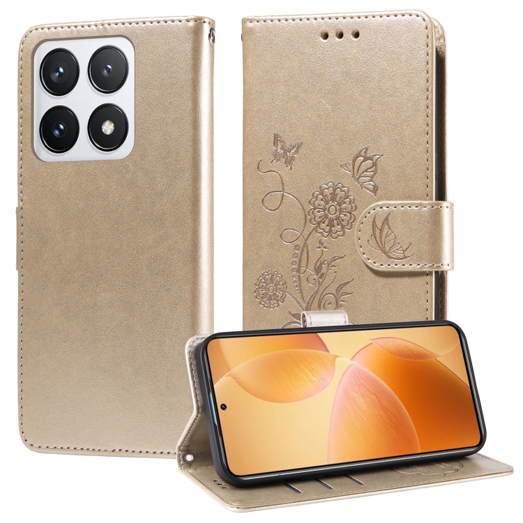 

For Xiaomi 14T Pro Embossed Butterfly Flowers Leather Phone Case(Gold)