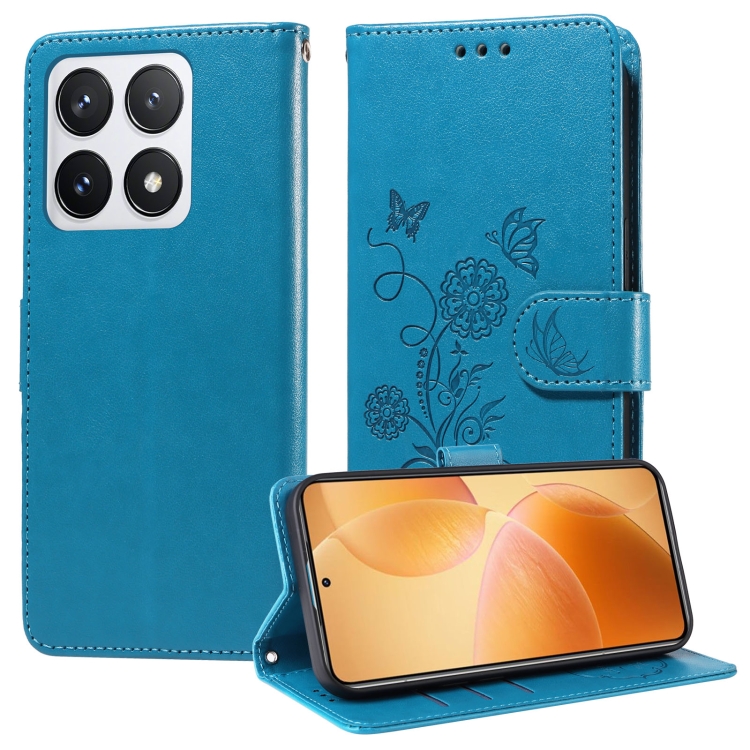 

For Xiaomi 14T Pro Embossed Butterfly Flowers Leather Phone Case(Blue)
