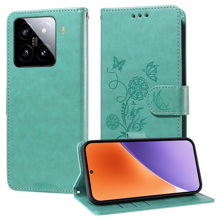 

For Xiaomi 15 Embossed Butterfly Flowers Leather Phone Case(Green)