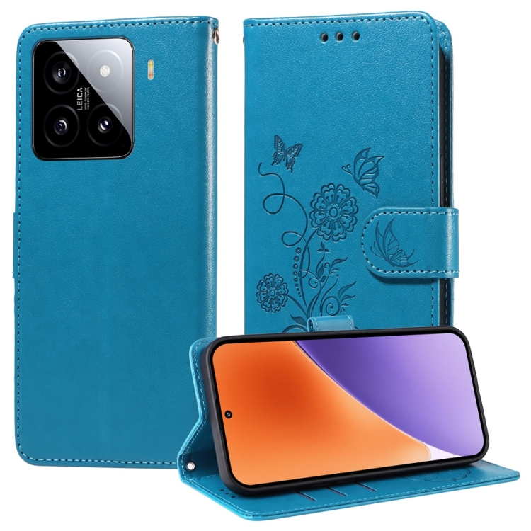 

For Xiaomi 15 Embossed Butterfly Flowers Leather Phone Case(Blue)