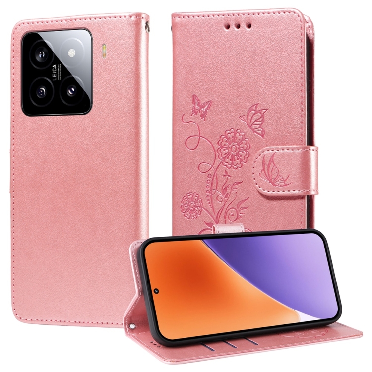 

For Xiaomi 15 Embossed Butterfly Flowers Leather Phone Case(Rose Gold)