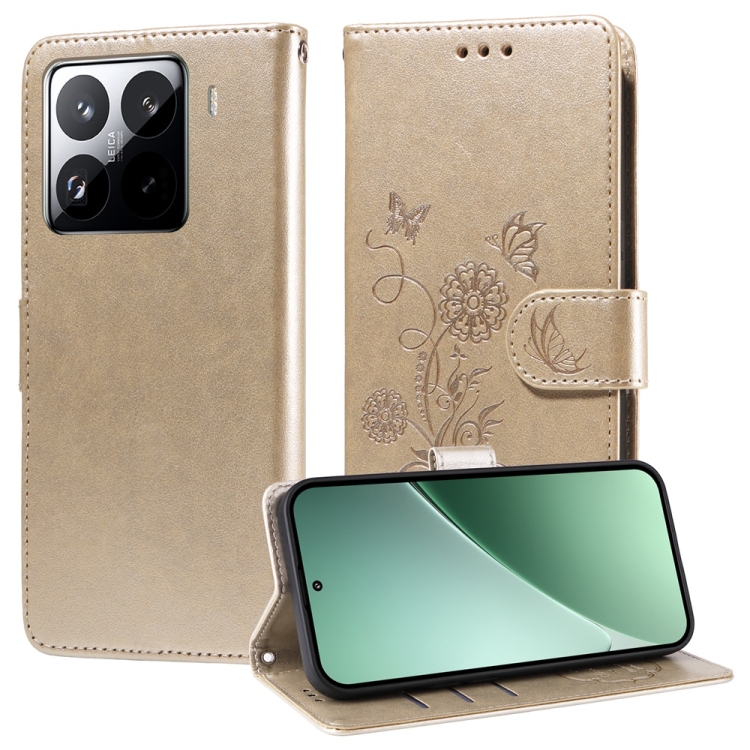 

For Xiaomi 15 Pro Embossed Butterfly Flowers Leather Phone Case(Gold)